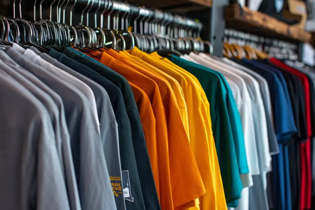 uma prateleira de camisas com uma que diz nao tocar